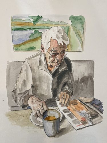 Zelfportret met koffie en krant, voorrecht van gepensioneerden - 2025